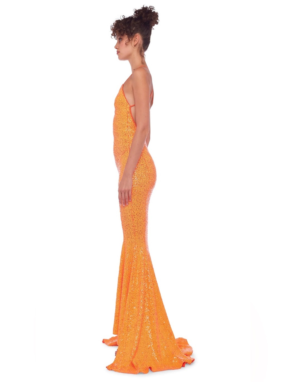 Norma Kamali Sequin Low Back Slip Mermaid Fishtail Gown Neon Orange ~ NWT S/XS - Picture 2 of 13